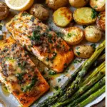 Spiced Salmon with Cheesy Asparagus & Garlic Herb Potatoes