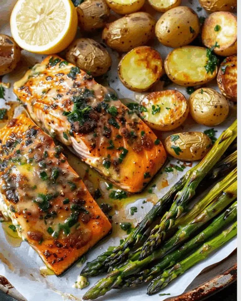 Spiced Salmon with Cheesy Asparagus & Garlic Herb Potatoes