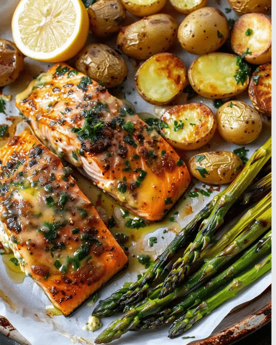 Spiced Salmon with Cheesy Asparagus & Garlic Herb Potatoes