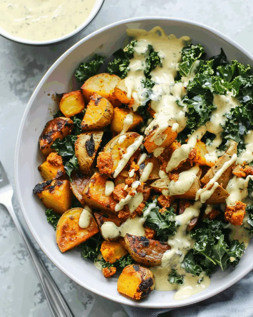 Spicy Potato Kale Bowls with Mustard Tahini Dressing