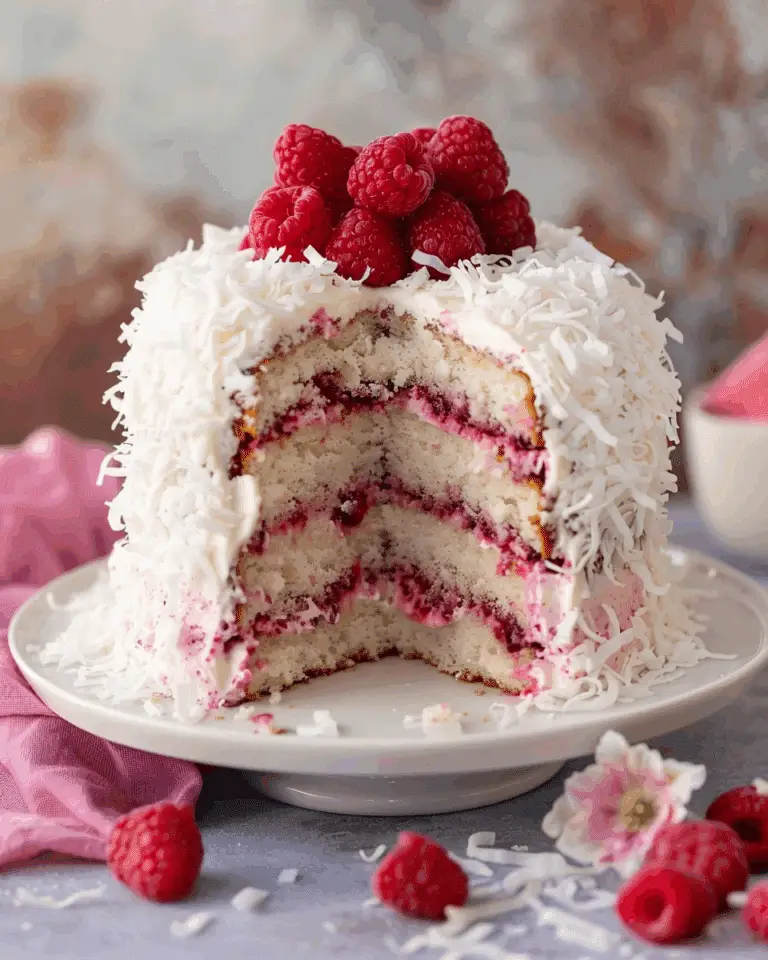 Raspberry Swirl Coconut Snowball Cake