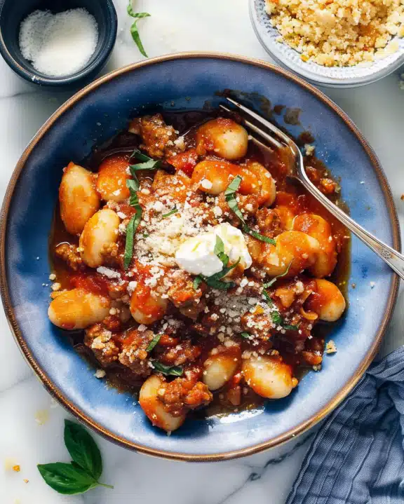 Millionaire Gnocchi with Red Sauce, Herbed Ricotta, and Golden Crispies