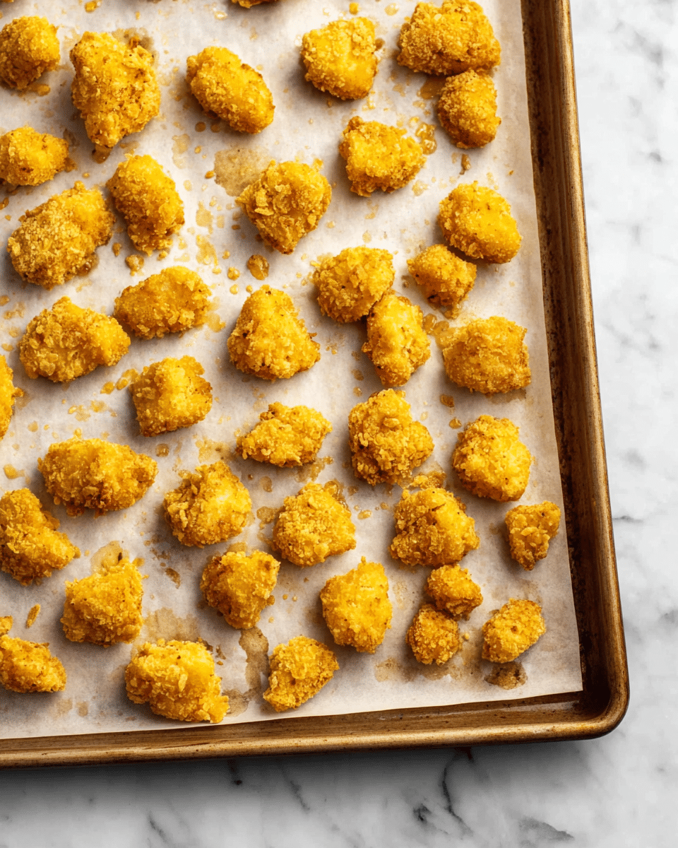A baking sheet with parchment paper is filled with about 35 small, crispy golden-yellow fried pieces, each irregularly shaped with a rough, textured coating. The pieces are spread out evenly across the sheet, resting on a white marbled surface. The baking sheet looks well-used with slight brown stains around the edges from regular cooking. The fried pieces have an inviting crunch and a warm yellow color tone. photo taken with an iphone --ar 4:5 --v 7