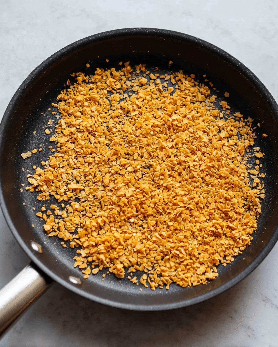 A black frying pan filled with a single layer of small, golden brown crispy crumbs spread across its surface. The crumbs have a rough texture, are unevenly scattered, and occupy most of the pan’s bottom, with some spreading toward the edges. The pan handle extends towards the upper left corner, and the pan sits on a white marbled surface with soft natural light illuminating the scene. Photo taken with an iphone --ar 4:5 --v 7