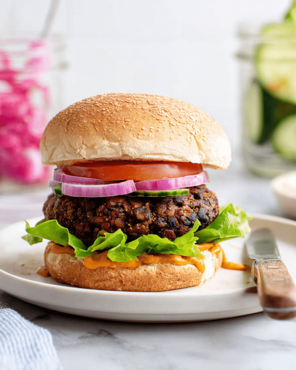 A burger sitting on a white plate on a white marbled surface with a knife on the right side of the plate; the burger has five visible layers from bottom to top: a soft light brown sesame seed bun bottom, a layer of fresh green leaf lettuce with some orange sauce drizzled on it, a thick dark brown veggie patty with uneven texture, a few slices of purple onion, a single slice of bright red tomato, and a lightly toasted sesame seed bun top. In the blurred background, there are jars with sliced cucumbers and pickled red onions. Photo taken with an iphone --ar 4:5 --v 7