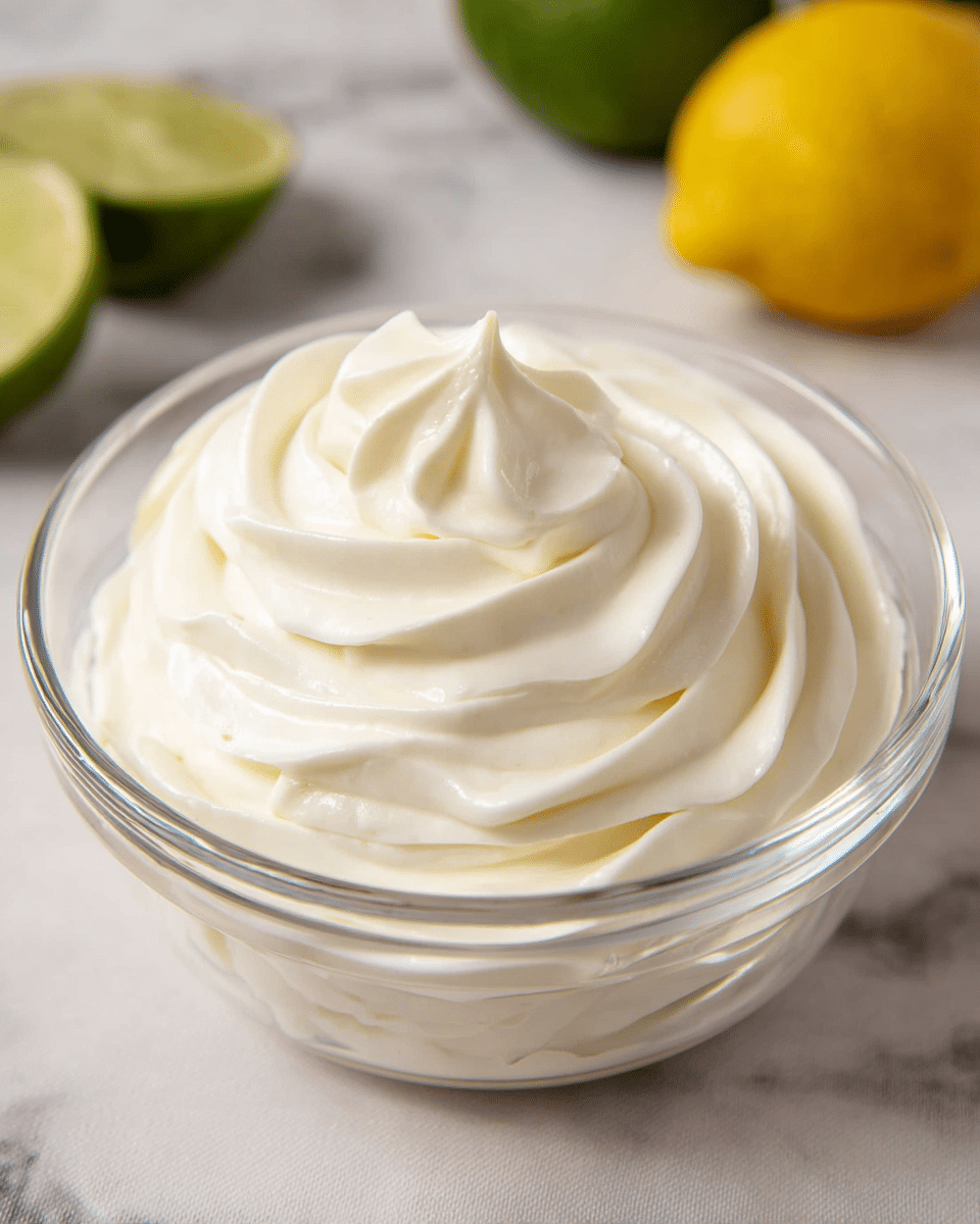 A clear glass bowl filled with a single, thick layer of whipped cream swirled into soft, smooth peaks that are pure white in color. The cream has a fluffy, light texture with fine, curving ridges that form a spiral, rising high in the center and tapering down toward the edges of the bowl. The bowl sits on a white marbled surface with blurred green and yellow fruits in the background, adding a fresh, natural touch. Photo taken with an iphone --ar 4:5 --v 7