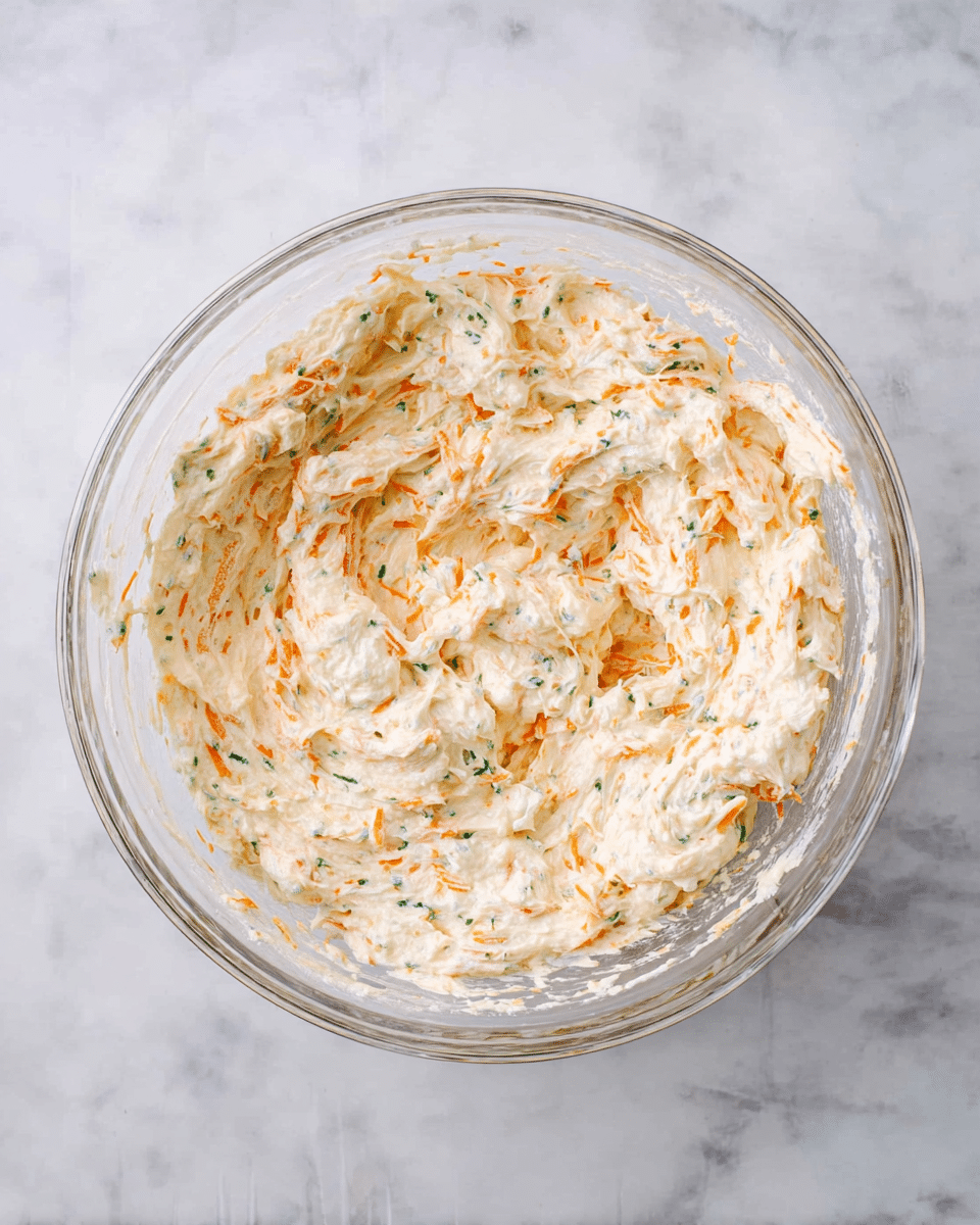 A clear glass bowl sits on a white marbled surface, filled with a creamy mixture that looks like soft, whipped cheese or spread. The mix has a pale off-white color with small shreds of bright orange and tiny bits of green herbs scattered throughout, creating a speckled effect. The texture is smooth but slightly chunky with visible pieces of shredded ingredients evenly distributed inside. The bowl is viewed from above, showing the mixture spread out and slightly swirled in the bowl, with some marks left from stirring photo taken with an iphone --ar 4:5 --v 7