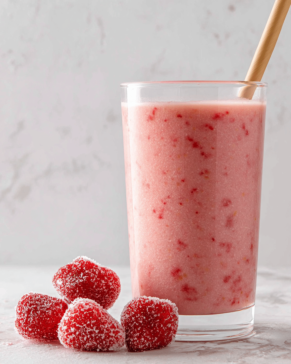A clear glass filled with a pink strawberry smoothie showing small bits of fruit throughout. The smoothie almost reaches the rim, and a beige straw is placed inside the glass. Next to the glass on a white marbled surface are four whole frozen strawberries with icy texture. The background is also white with subtle texture. photo taken with an iphone --ar 4:5 --v 7