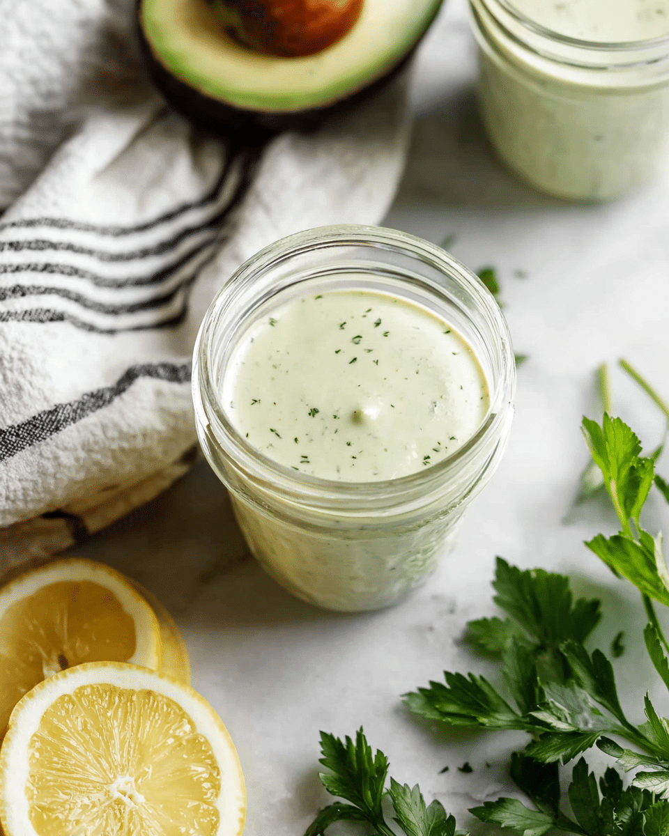 A clear glass jar filled with a light green creamy sauce speckled with tiny dark green herbs is placed on a white marbled surface. To the top left side, there is a half avocado showing its green flesh and brown seed. Nearby, a white cloth with black stripes lies softly folded. In the bottom left corner, two lemon wedges with bright yellow rind and juicy texture are placed on the surface. Towards the bottom right side, fresh green parsley leaves with visible veins extend into the frame. Another similar jar of the same sauce is partially visible in the top right corner. photo taken with an iphone --ar 4:5 --v 7
