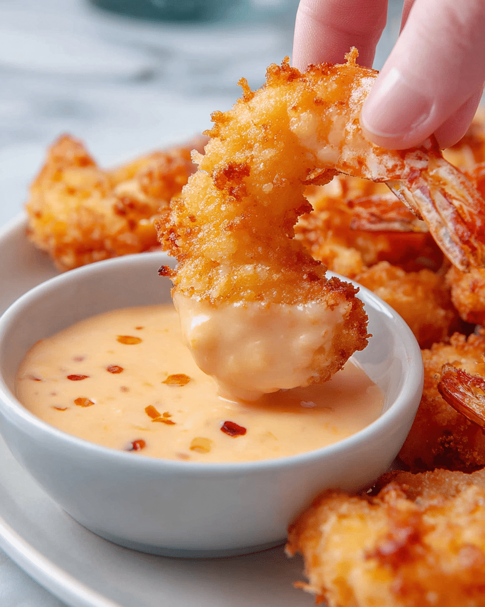 A close-up image of a crispy golden fried shrimp being dipped into a small white bowl filled with creamy light orange sauce with red specks. The fried shrimp has a bubbly, crunchy texture with irregular golden brown crumbs. More fried shrimp pieces are visible on a white plate with a white marbled surface as the background. A woman's hand holds the shrimp gently, showing only fingertips. The sauce in the bowl has a smooth and thick texture. photo taken with an iphone --ar 4:5 --v 7
