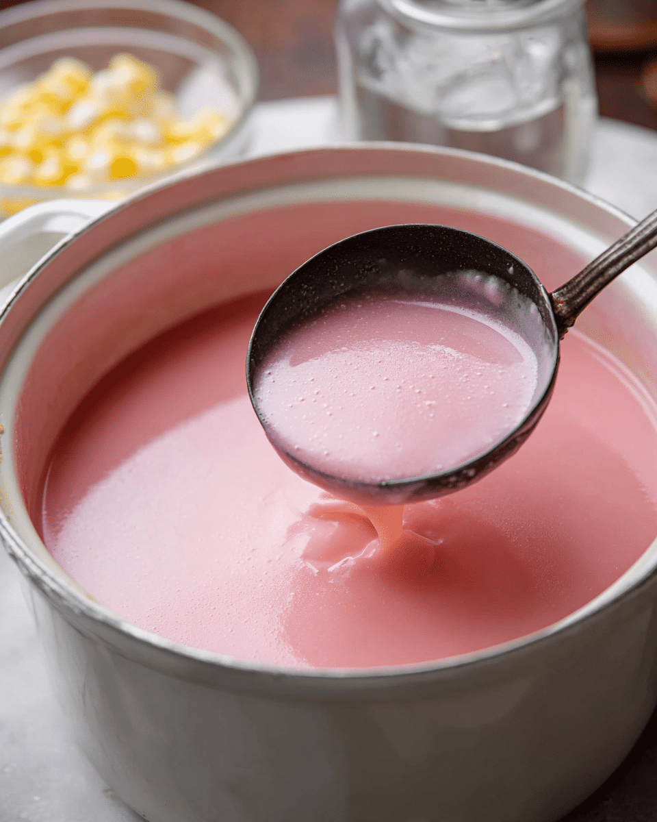 A close-up image showing a white pot filled with smooth, light pink soup. A black metal ladle lifts some of the soup, displaying its creamy texture and shiny surface. The pot sits on a white marbled surface with a glass bowl of corn and a clear glass cup blurred in the background. photo taken with an iphone --ar 4:5 --v 7