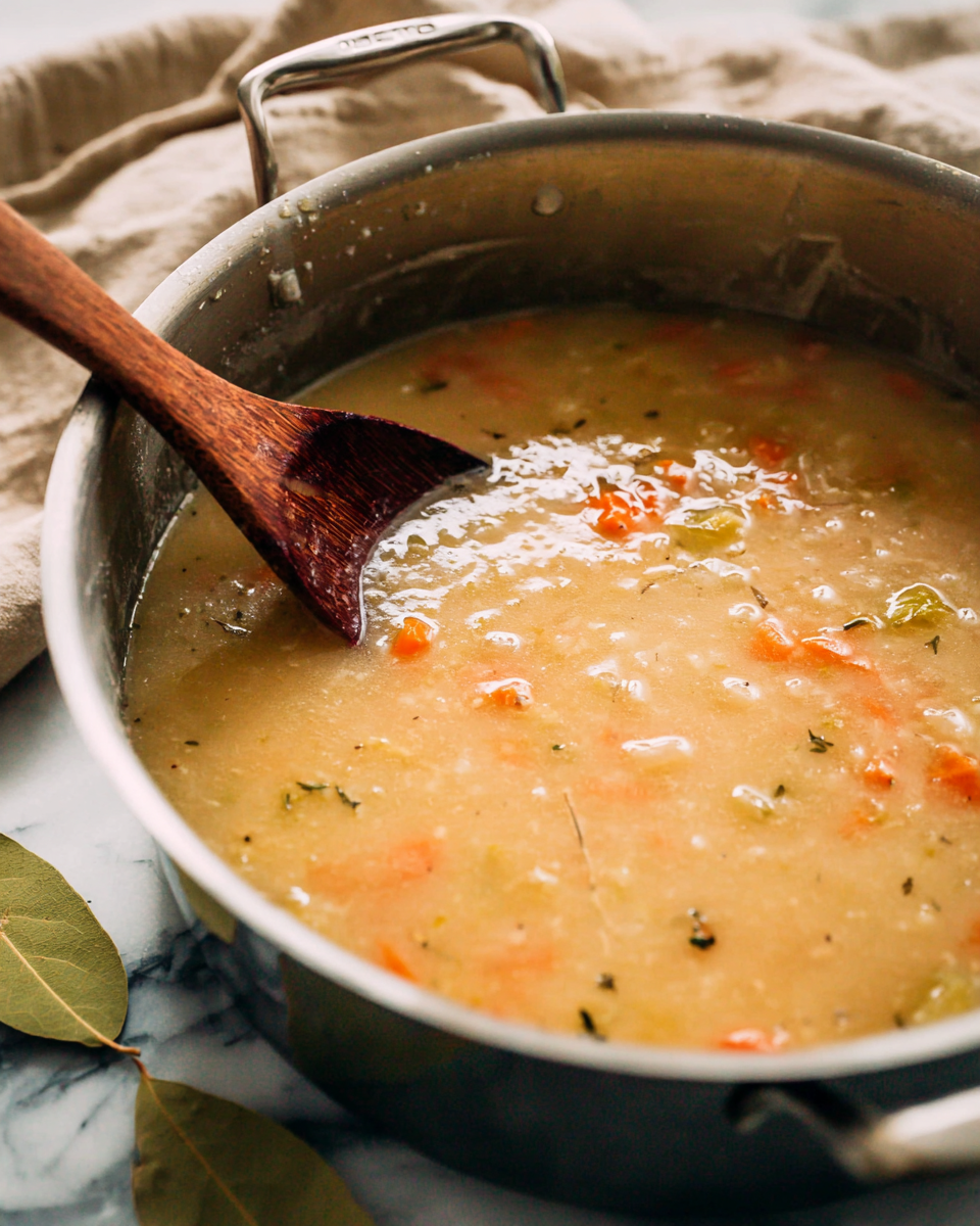 Hearty Creamy White Bean Soup with Herbs and Vegetables Recipe 4 A close-up of a metal pot filled with thick soup that has a creamy light brown base with visible small chunks of orange carrot pieces and bits of green herbs floating inside. A wooden spoon with a smooth, dark brown surface is partially dipped into the soup on the left side of the pot. The pot sits on a white marbled surface with a beige cloth and a bay leaf nearby, giving a rustic feel. The soup looks warm and hearty with a slightly shiny surface, showing some gentle movement in the liquid. Photo taken with an iphone --ar 4:5 --v 7