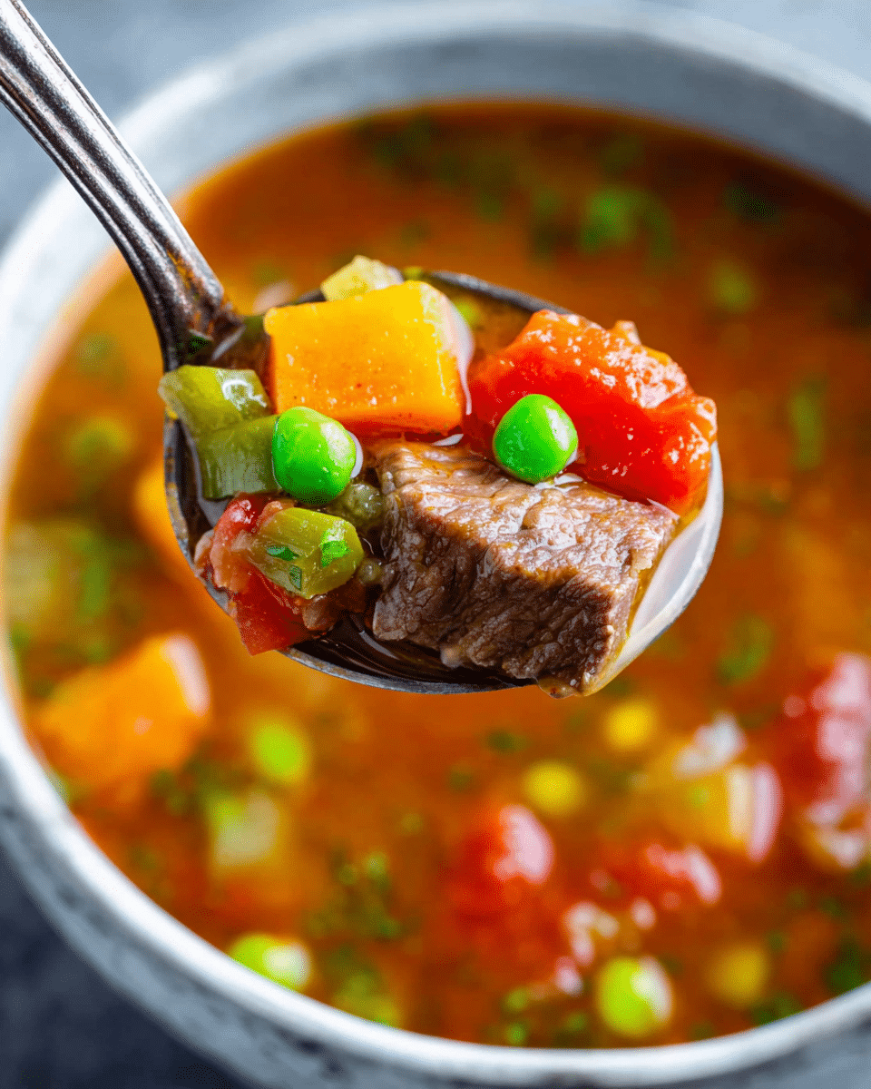 A close-up shows a spoon holding a colorful mix of soup ingredients above a white bowl. On the spoon, there is a thick brown meat piece next to bright green peas, yellow celery, orange carrot cubes, and red tomato pieces with a slightly shiny, textured surface. The soup broth around the spoon is a warm brownish-orange with small vegetable bits floating. The bowl’s rim is visible with a white marbled background underneath. Photo taken with an iphone --ar 4:5 --v 7