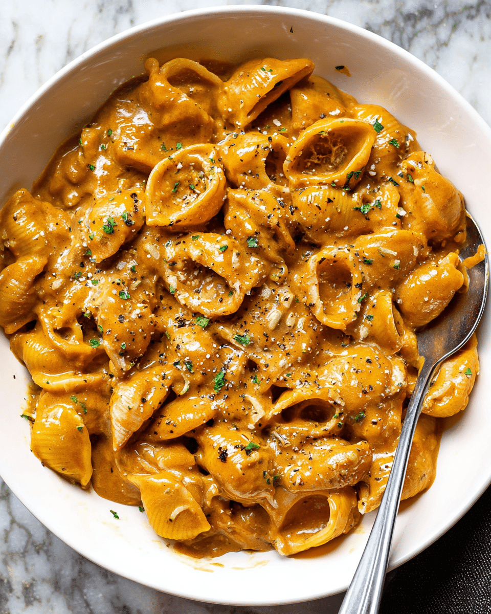 A close-up view of a white bowl filled with pasta shells covered in a thick, creamy orange-brown sauce. The pasta is fully coated and looks smooth and shiny. Small green herb pieces are sprinkled on top, with some cracked black pepper scattered across. A silver spoon is partly visible on the right side, resting inside the bowl. The bowl sits on a surface with a white marbled texture. photo taken with an iphone --ar 4:5 --v 7