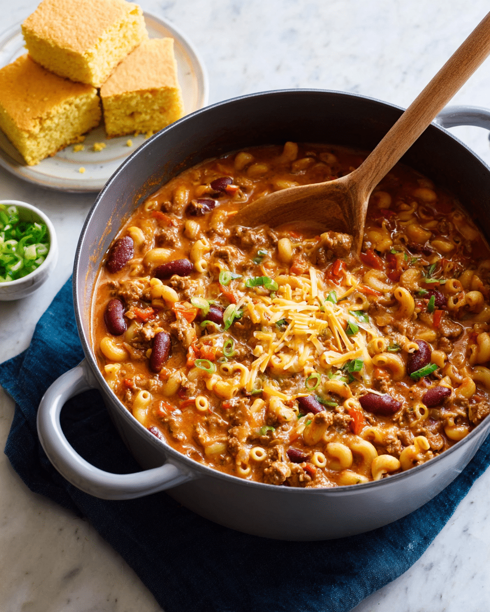 A large gray pot filled with a thick, creamy mix of elbow macaroni, red kidney beans, small chunks of ground meat, and bits of red bell pepper in a rich orange sauce is the main focus. The top layer has a sprinkle of shredded yellow and white cheese and is scattered with chopped green onions. A wooden spatula rests inside the pot, partially submerged in the mix. The pot sits on a folded dark blue cloth placed on a white marbled surface. In the background, a white wooden plate holds four square pieces of yellow cornbread stacked on top of each other, and a small white bowl with chopped green onions sits nearby. Photo taken with an iphone --ar 4:5 --v 7