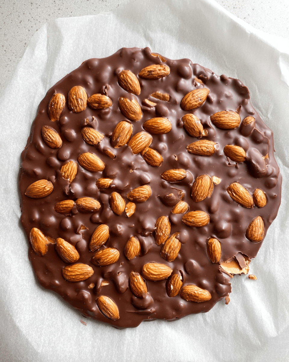 A large, uneven round slab of milk chocolate spread on white parchment paper over a white marbled surface, studded generously with whole, light brown almonds scattered across the top layer, giving the chocolate a bumpy texture with some almonds placed deeper in and others sitting on the surface, showing a mix of smooth, shiny chocolate and matte nuts, with one almond broken open slightly near the edge. Photo taken with an iphone --ar 4:5 --v 7