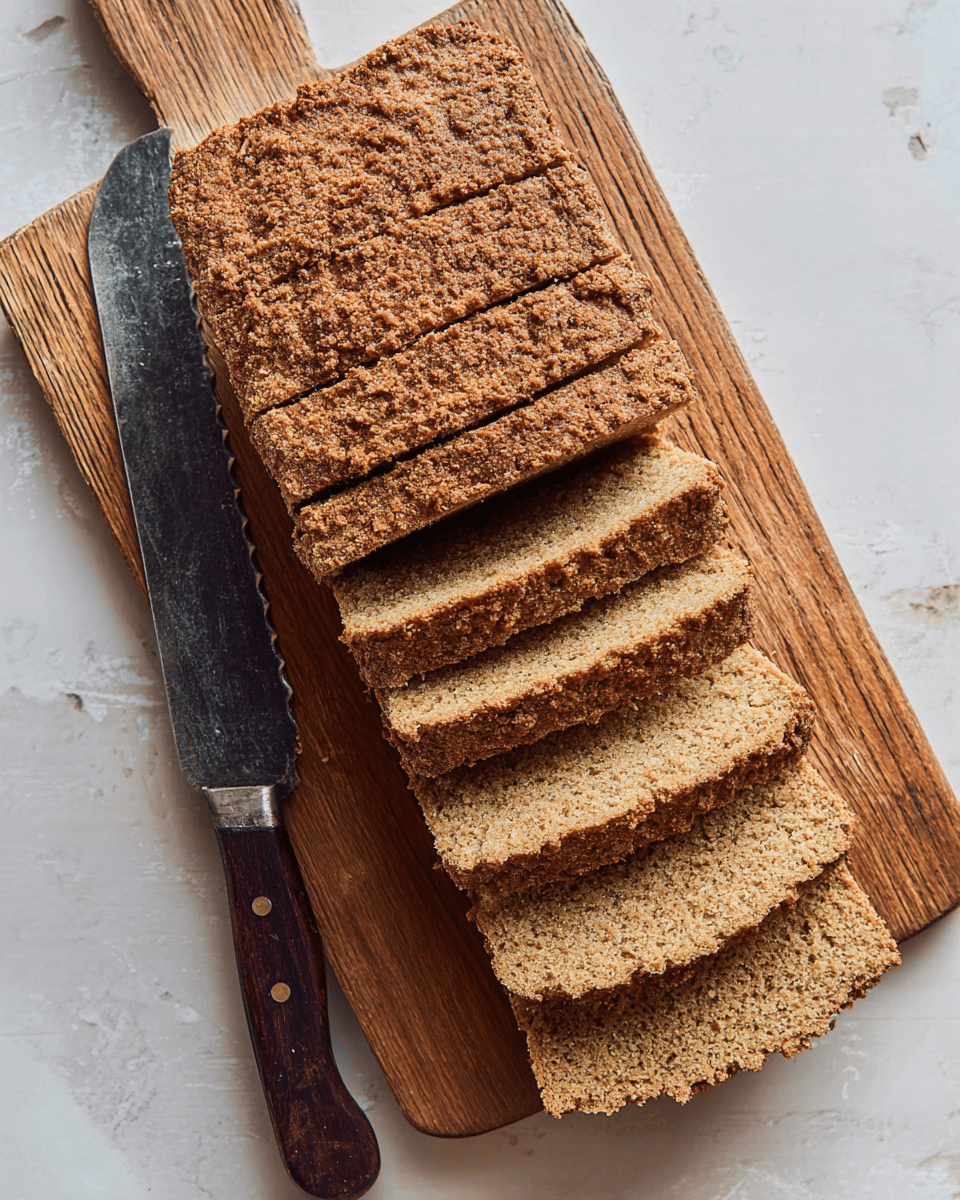 A loaf of brown bread is sliced into six thick pieces laid out in a row on a wooden cutting board. The bread has a rough, textured crust with a darker brown color and a dense crumb inside that is lighter brown and slightly crumbly. Beside the bread on the cutting board is a large knife with a dark wooden handle and a serrated metal blade. The cutting board rests on a white marbled surface. Photo taken with an iphone --ar 4:5 --v 7