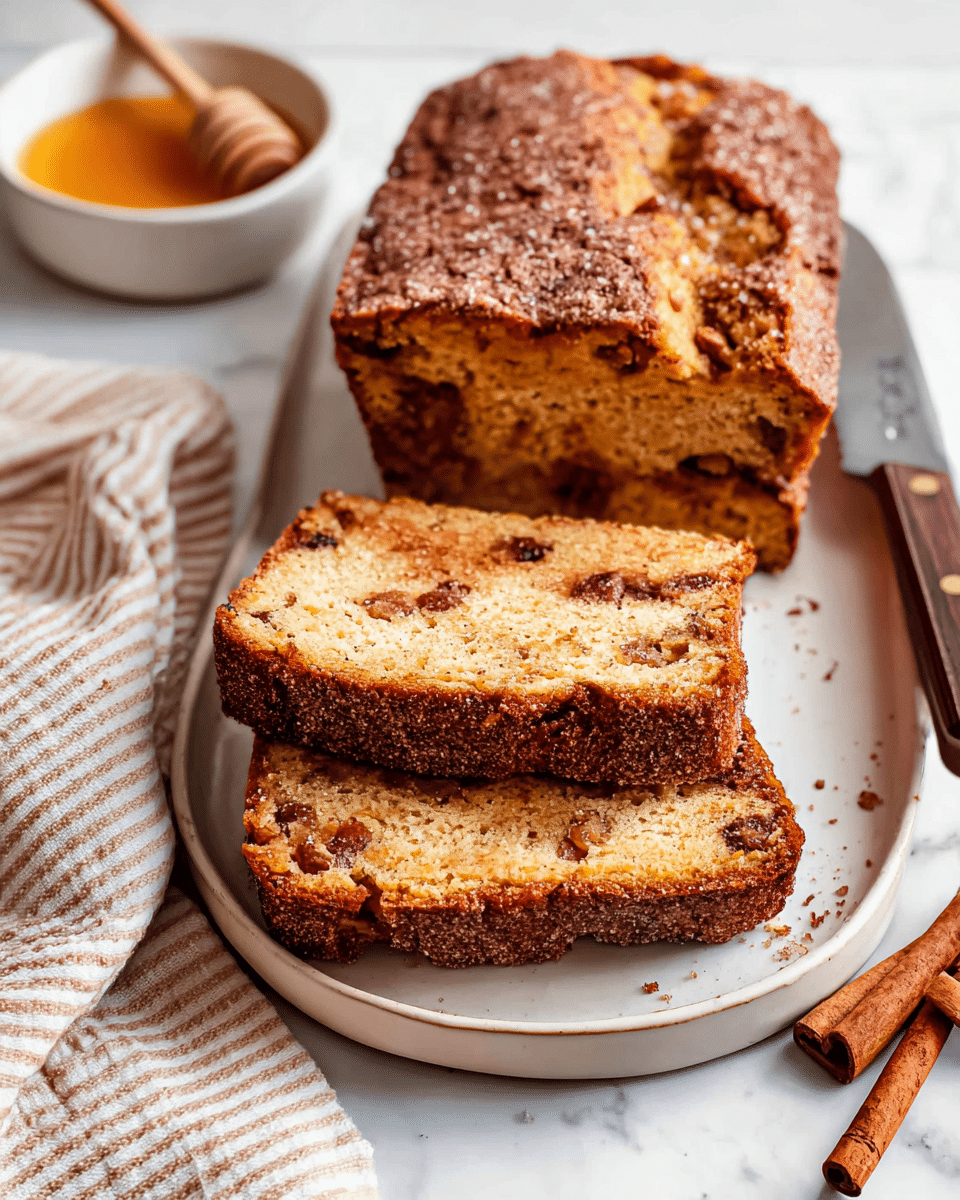 A loaf of cinnamon nut bread is placed on a white plate with a slightly raised edge. The bread has two visible slices stacked on top of each other in front of the main loaf, showing a golden brown color with darker spots from cinnamon and nuts inside. The top crust looks crunchy and has a sugar and cinnamon layer, giving it a speckled darker brown texture. To the left of the plate is a white bowl with honey and a wooden honey dipper resting inside it. A striped beige and white cloth and a knife with a light brown handle lie behind the plate. Two cinnamon sticks are placed on the white marbled surface in the lower right corner of the image. The photo taken with an iphone --ar 4:5 --v 7