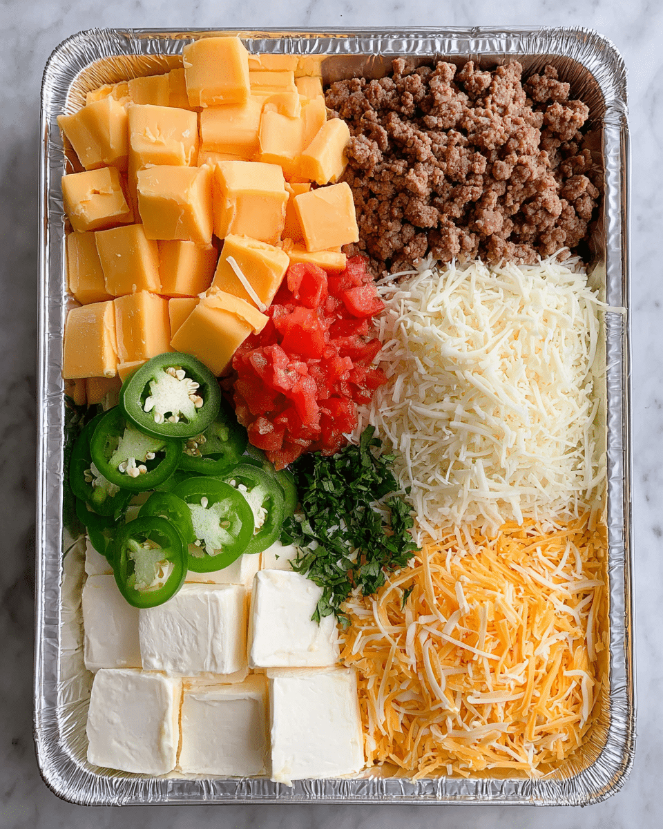 A rectangular aluminum tray filled with seven distinct sections of ingredients: top left has bright orange cheese cut into thick cubes arranged in three rows; top right contains crumbly cooked ground beef in a loose pile; middle right shows a mound of finely shredded white cheese; bottom right has finely shredded orange cheese piled next to the white cheese; bottom left corner features white cheese cut into neat rectangular slices stacked in two columns; directly above the white cheese are slices of fresh green jalapeño peppers arranged in a horizontal line; in the center between the cheeses and jalapeños is a small bunch of chopped green herbs; bottom middle presents a scoop of diced red tomatoes. The tray is placed on a white marbled surface photo taken with an iphone --ar 4:5 --v 7
