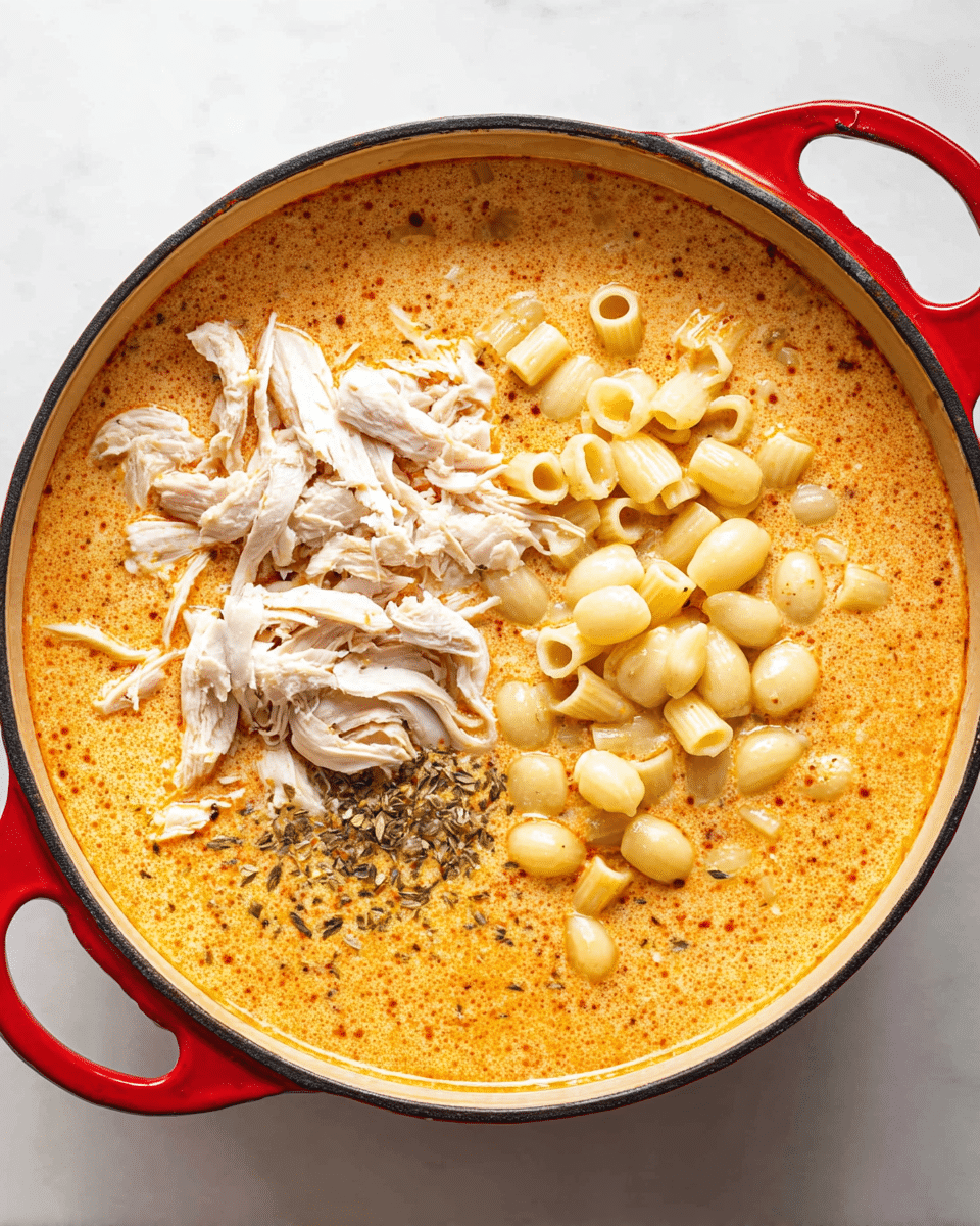 A red round pot with two handles holds a creamy orange soup base with visible specks of spices and herbs. Inside the pot, the ingredients are arranged in three distinct sections: shredded white chicken pieces on the left, small pale yellow gnocchi in the middle, and uncooked small tube pasta on the right. The pot rests on a white marbled surface. photo taken with an iphone --ar 4:5 --v 7