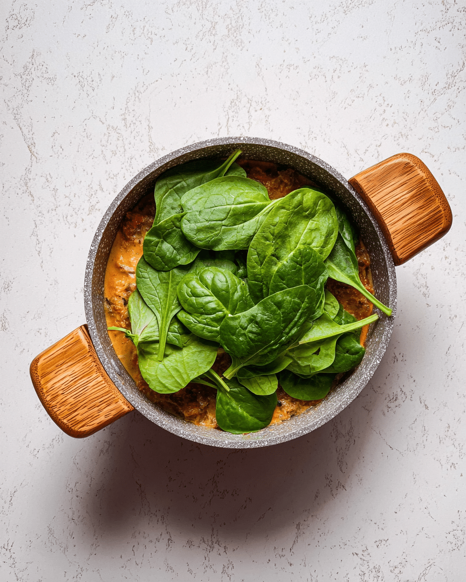 A round cooking pot with grey stone texture and wooden handles holds a dish with two clear layers: the bottom layer is a mottled brown mixture with some orange tones, covered halfway by fresh, whole bright green spinach leaves with visible veins and stems. The pot is placed on a white marbled surface. photo taken with an iphone --ar 4:5 --v 7