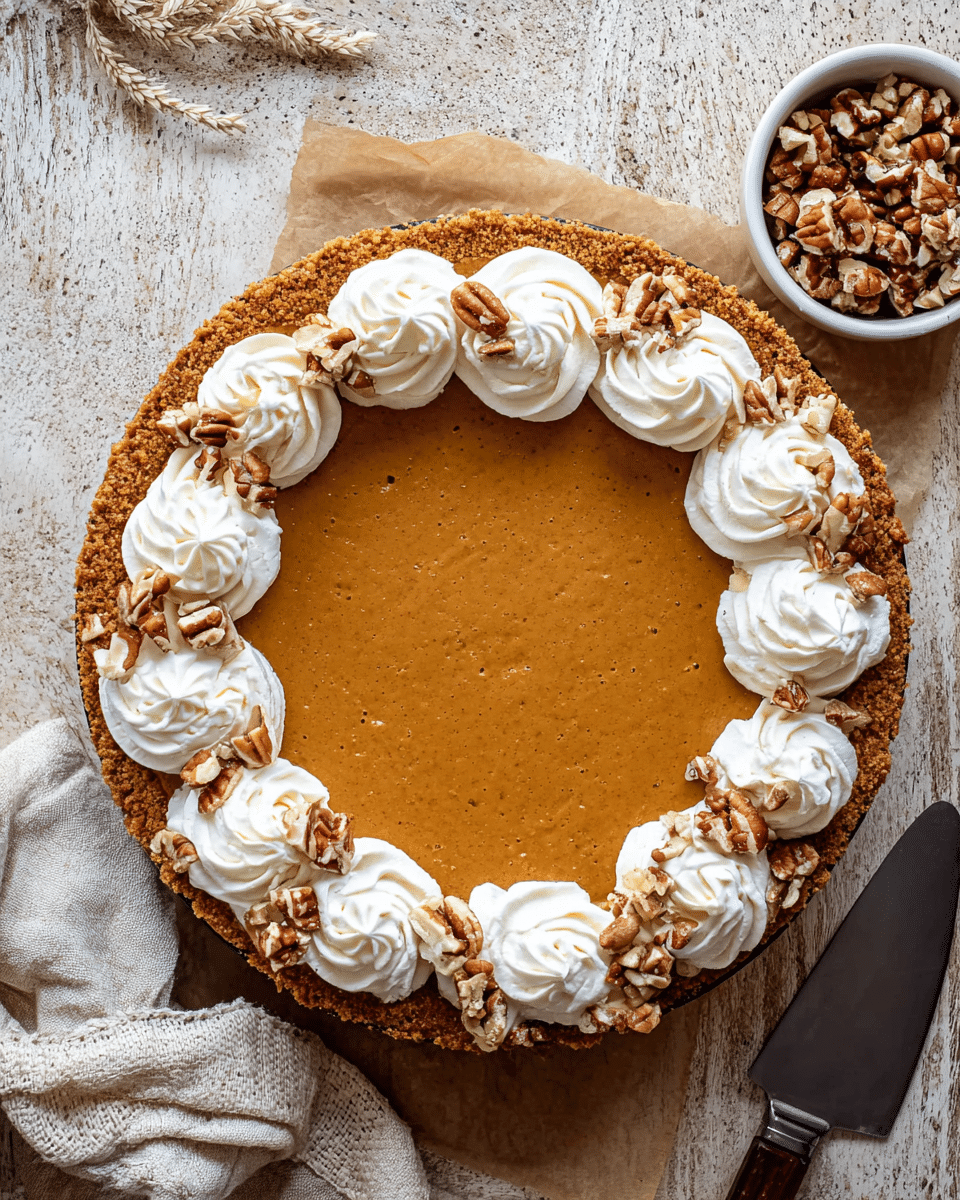 A round pumpkin pie with a smooth, orange filling sits on a white marbled textured surface with brown parchment paper underneath. The pie has a golden brown crust at the bottom, covered by the thick pumpkin layer in the middle. On top, there is a ring of white whipped cream swirled in 12 large dollops around the edge, each topped with small pieces of chopped pecans. A small white bowl with more chopped pecans is placed near the pie, along with a knife on the right side and a beige linen cloth on the bottom left. The photo taken with an iphone --ar 4:5 --v 7