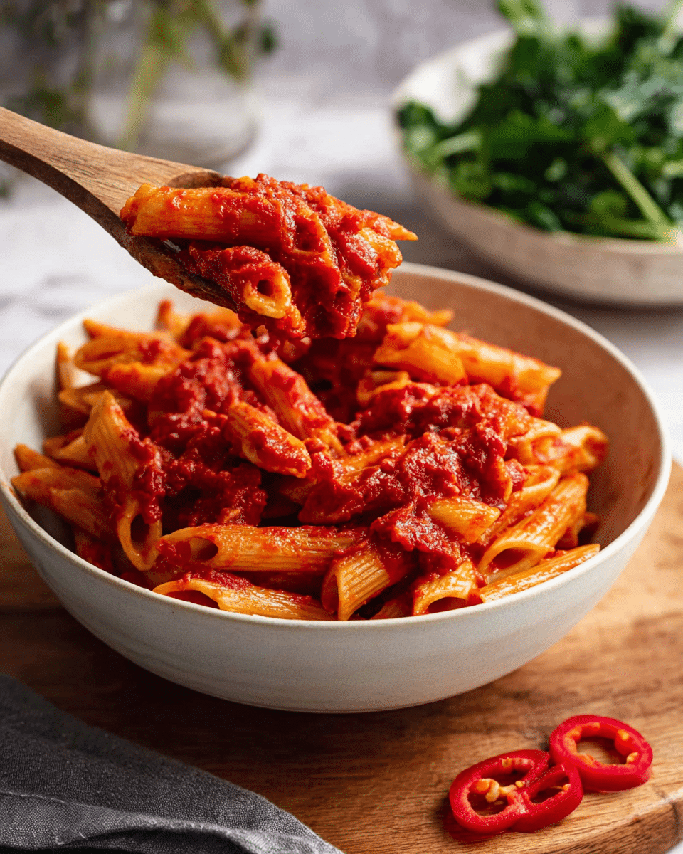 A round white bowl filled with penne pasta covered in thick red tomato sauce, the pasta pieces showing smooth ridges and a soft texture. A woman's hand holding a wooden spoon lifts a portion of the pasta above the bowl, with the sauce clinging well to the pasta, showing a vibrant, slightly chunky texture. The bowl is set on a wooden surface with a few slices of red chili peppers scattered nearby. In the background, there is a bowl with green leafy vegetables placed on a white marbled surface, giving a fresh and natural contrast. Photo taken with an iphone --ar 4:5 --v 7