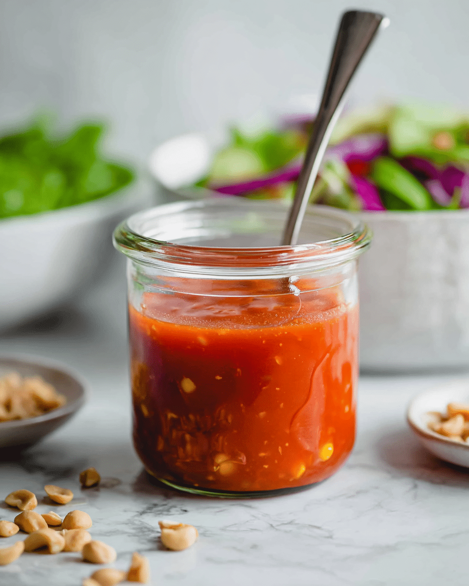 A small clear glass jar filled with bright red-orange sauce that has visible small bits of corn and chili pieces inside. A silver spoon is placed inside the jar, standing upright. Next to the jar, small light brown nut pieces lie scattered on a white marbled surface. Around the jar, blurred white bowls contain green vegetables and a colorful salad with shades of green and purple. The scene is bright and clean with a focus on the jar of sauce. photo taken with an iphone --ar 4:5 --v 7