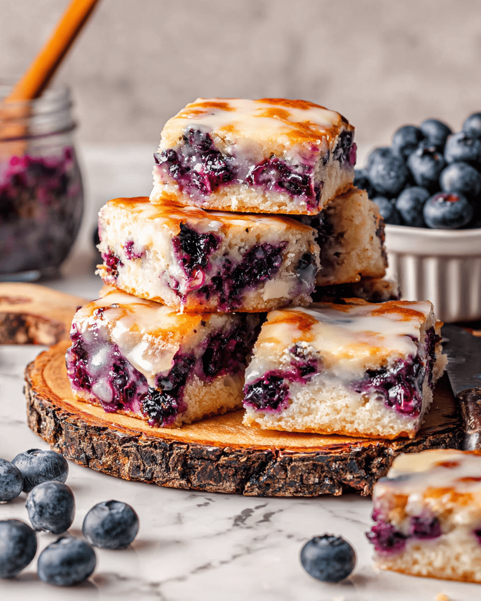 A stack of six blueberry dessert squares sits on a round wooden board with bark edges, placed on a white marbled surface. Each square has two layers: a light golden top layer with browned spots and a glossy, white glaze, and a thick, purple-speckled bottom layer full of juicy blueberries that burst through the soft, white dough. The squares are irregular in shape with blueberries peeking out from the sides. In the background, a small white bowl filled with fresh blueberries and a jar with a wooden spoon inside are visible, all set on the white marbled surface. Photo taken with an iphone --ar 4:5 --v 7