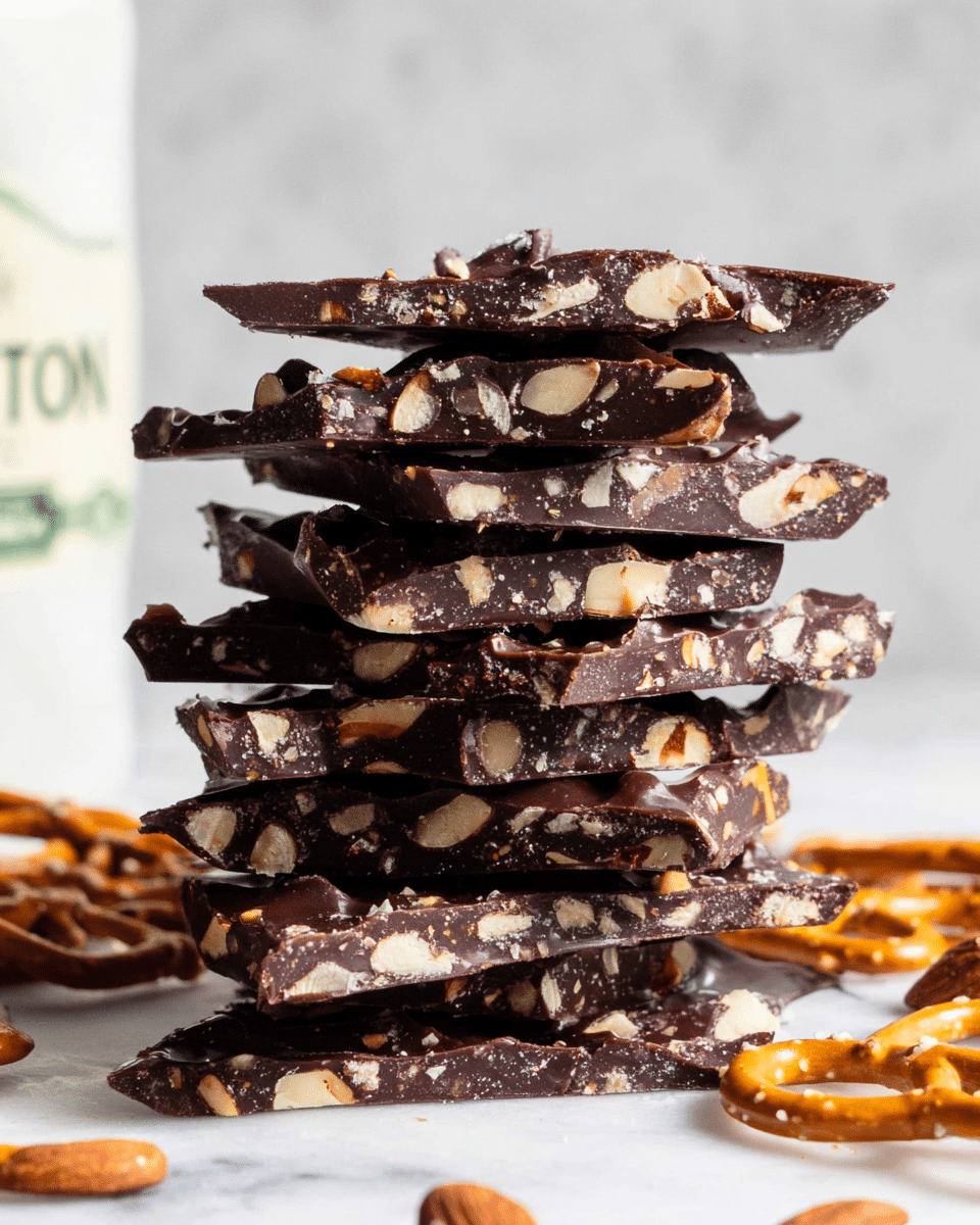 A stack of ten uneven pieces of dark chocolate bark with visible pieces of nuts inside each layer, showing a rough, slightly glossy texture with varying thickness. Each layer is dark brown with scattered creamy beige nut chunks embedded throughout. The stack leans slightly and rests on a white marbled surface. Thin pretzel sticks with a light golden brown color are scattered around the base of the chocolate stack. Photo taken with an iphone --ar 4:5 --v 7