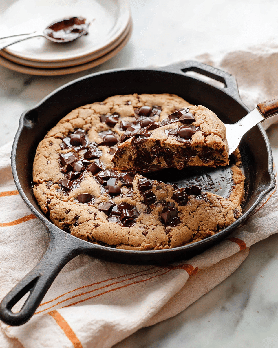A thick, golden-brown cookie skillet sits in a black cast iron pan with melted dark chocolate pieces scattered evenly on top, showing a soft and slightly crumbly texture. One slice is being lifted with a spatula revealing a dense interior filled with rich chocolate chunks. The pan rests on a cream-colored cloth with orange stripes, set on a white marbled surface. In the background, there are two stacked white plates with a silver spoon that has chocolate on it. Photo taken with an iphone --ar 4:5 --v 7