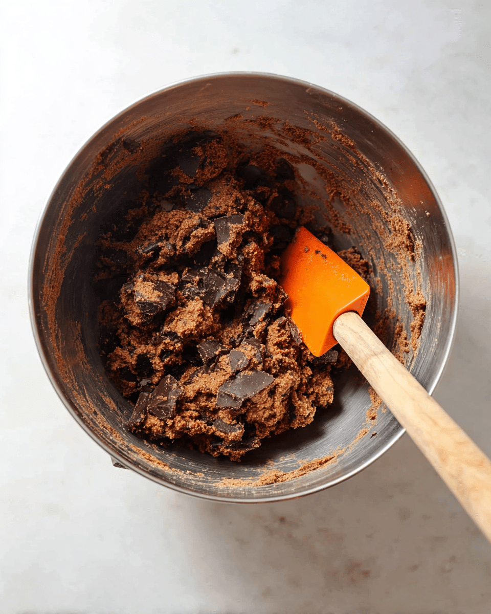 A top-down view shows a large silver mixing bowl sitting on a white marbled surface. Inside the bowl is a thick, chunky dark brown cookie dough with visible large chunks of dark chocolate mixed throughout. A wooden handle with an orange silicone spatula is partially dipped into the dough, leaning against the side of the bowl. The mixture looks sticky and textured, and there are small bits of dough stuck to the sides of the bowl. The photo taken with an iphone --ar 4:5 --v 7