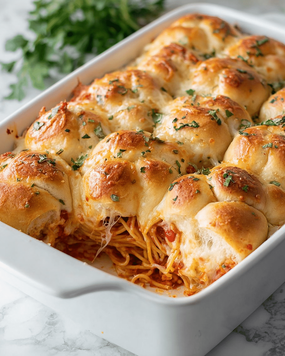 A white baking dish filled with baked spaghetti covered by a layer of golden-brown knotted bread rolls. The bread rolls sit evenly across the top, each roll soft with some green herbs sprinkled over them and small bits of red tomato peeking through. Below the bread rolls, strands of spaghetti mixed with a red tomato sauce and melted cheese are visible from a portion already removed. The dish rests on a white marbled surface with some green herbs blurred in the background, giving a fresh feel. Photo taken with an iphone --ar 4:5 --v 7