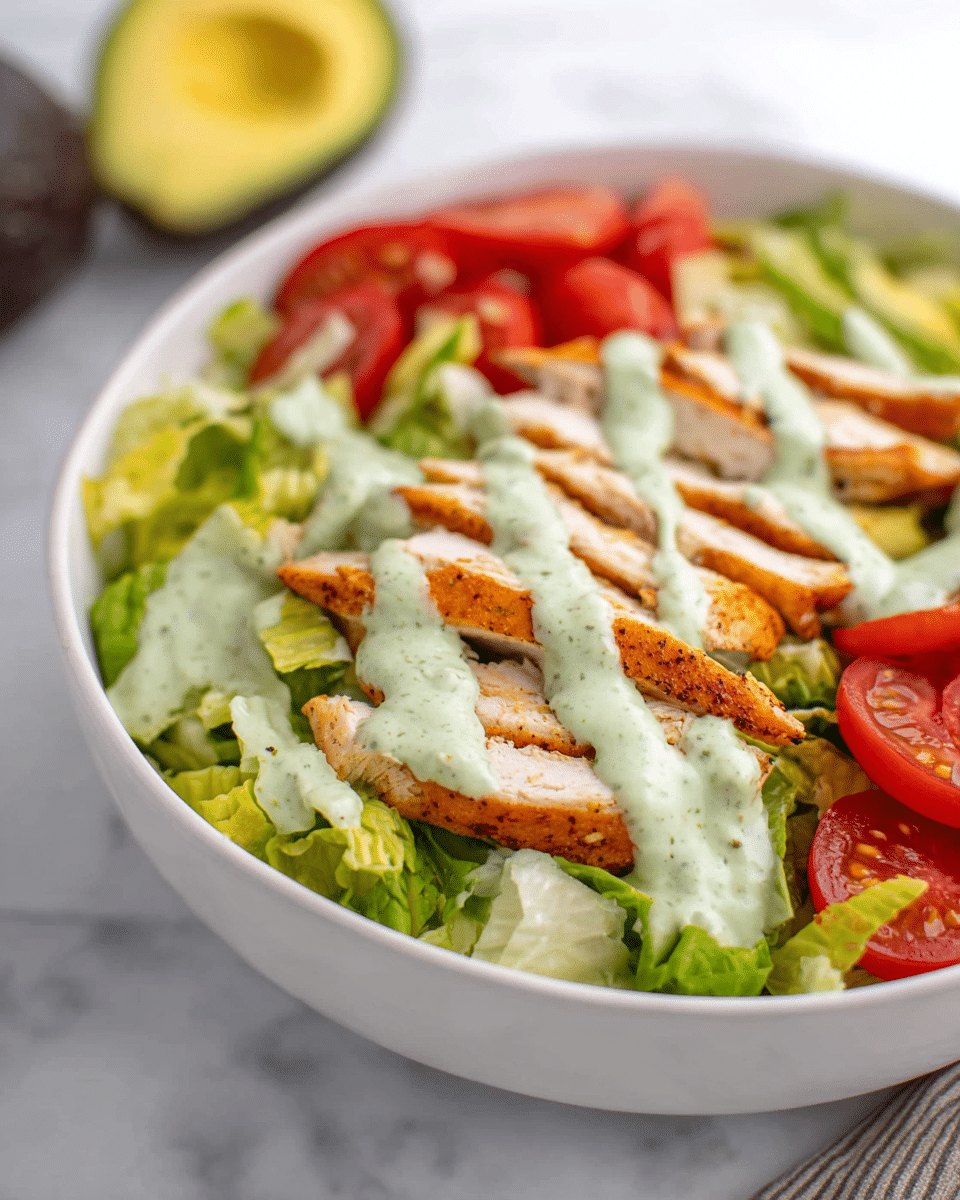 A white bowl filled with a fresh salad layered with light green lettuce at the base, bright red tomato wedges placed on top of the lettuce, topped with several pieces of lightly browned grilled chicken strips arranged in the center, all drizzled generously with a thick, creamy light green dressing speckled with herbs. The bowl sits on a white marbled surface, with a blurred avocado cut in half in the background. photo taken with an iphone --ar 4:5 --v 7