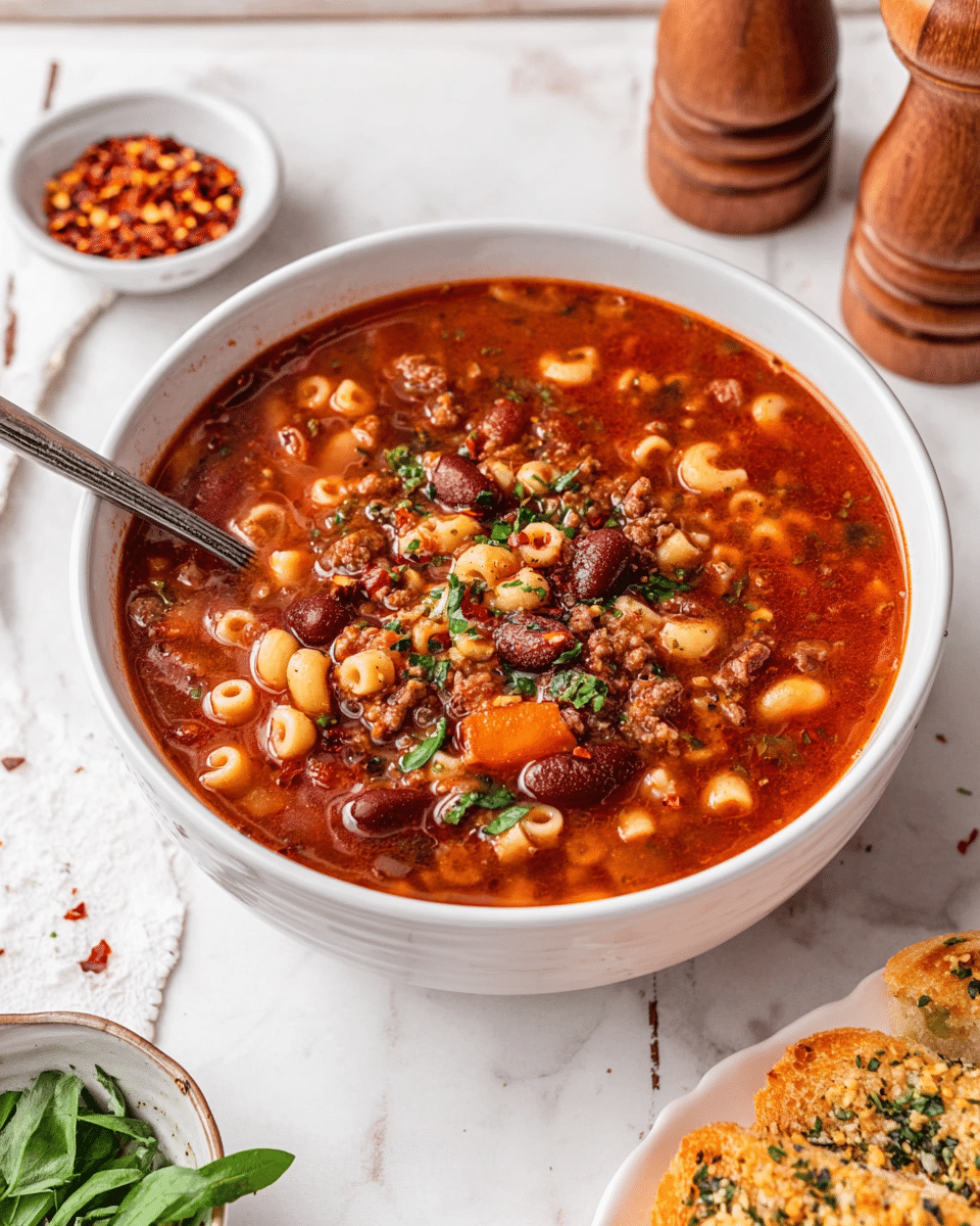 A white bowl filled with thick, red-brown stew sits on a white marbled surface. The stew has visible layers of small pasta letters, kidney beans, white beans, chopped carrots, and crumbled browned meat mixed in a rich tomato broth, topped with fresh green herb pieces and red chili flakes. A metal spoon rests inside the bowl on the left side. Behind the bowl, a small white bowl contains red chili flakes, and fresh green herbs lay next to it. Two wooden salt and pepper shakers stand blurred in the background on the right. In the bottom right corner, part of a white plate holds golden-brown garlic bread pieces sprinkled with herbs and cheese. photo taken with an iphone --ar 4:5 --v 7