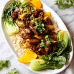Vegan Orange Chicken with Soy Curls and Sautéed Bok Choy Recipe