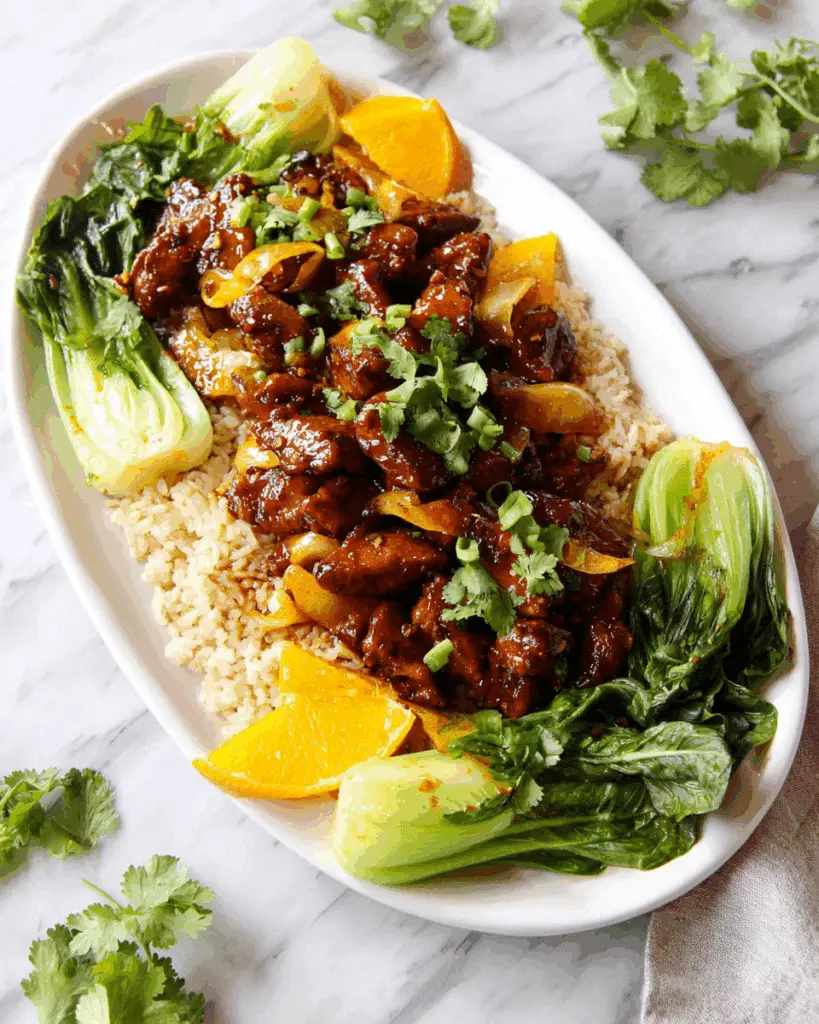 Vegan Orange Chicken with Soy Curls and Sautéed Bok Choy Recipe