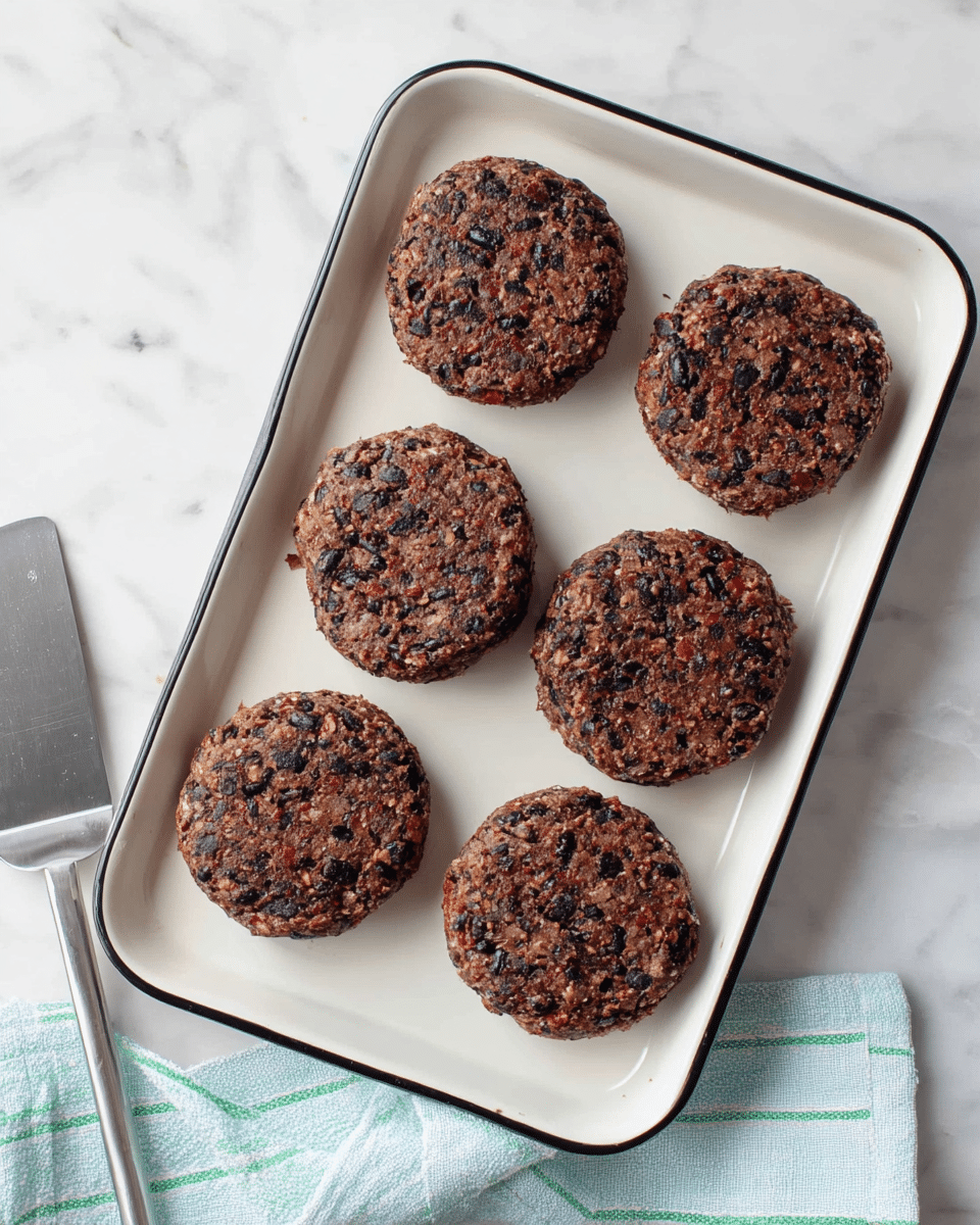 Five round patties made from a mix of black beans and other ingredients are placed neatly on a white rectangular tray with a thin black rim. Each patty is textured with small visible bean pieces and has a dark brown color with flecks of black and hints of red throughout. The white tray sits on a white marbled surface. To the bottom right of the tray, there is a soft blue cloth with green and white lines, and a metal spatula is partially visible on the bottom left side of the image. Photo taken with an iphone --ar 4:5 --v 7