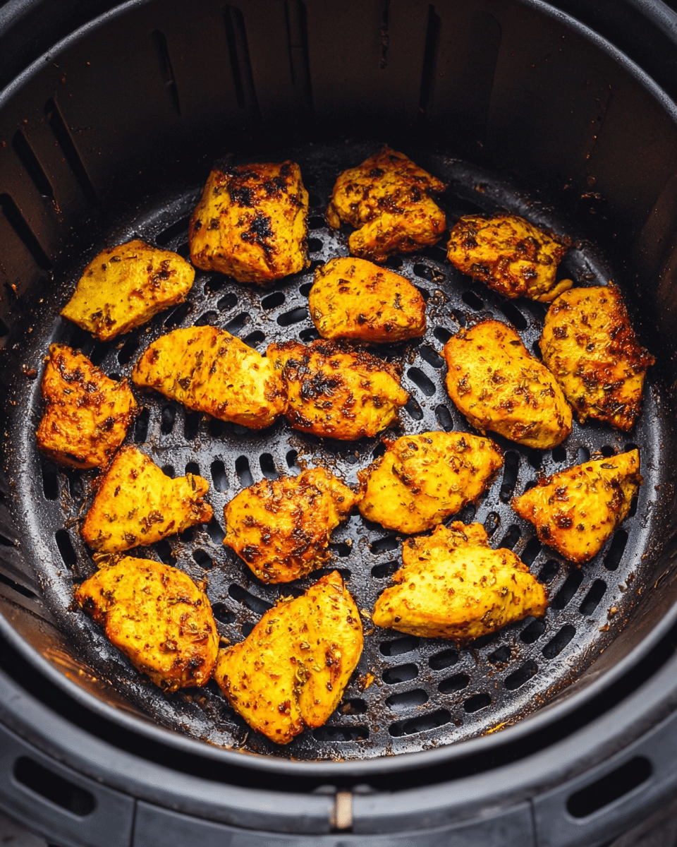 Inside a black air fryer basket, there are about sixteen small pieces of cooked chicken with a bright yellow-orange color and visible black seasoning herbs. The chicken pieces are slightly charred in some spots and spread evenly across the basket's perforated bottom surface, which has round holes for air circulation. Some browned bits stick to the basket's bottom and sides, showing a well-used cooking surface. The photo is taken from above, focusing on the chicken pieces and the basket interior. photo taken with an iphone --ar 4:5 --v 7