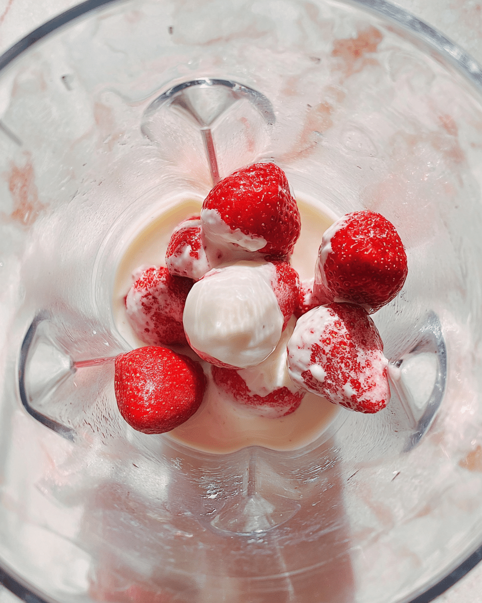 Inside a clear blender, there are two layers visible: the bottom layer is a light beige smooth liquid, and the top layer consists of six whole bright red strawberries with white creamy yogurt partly covering some of them, creating a soft texture contrast. The blender has a white marbled texture surface around it. Photo taken with an iphone --ar 4:5 --v 7