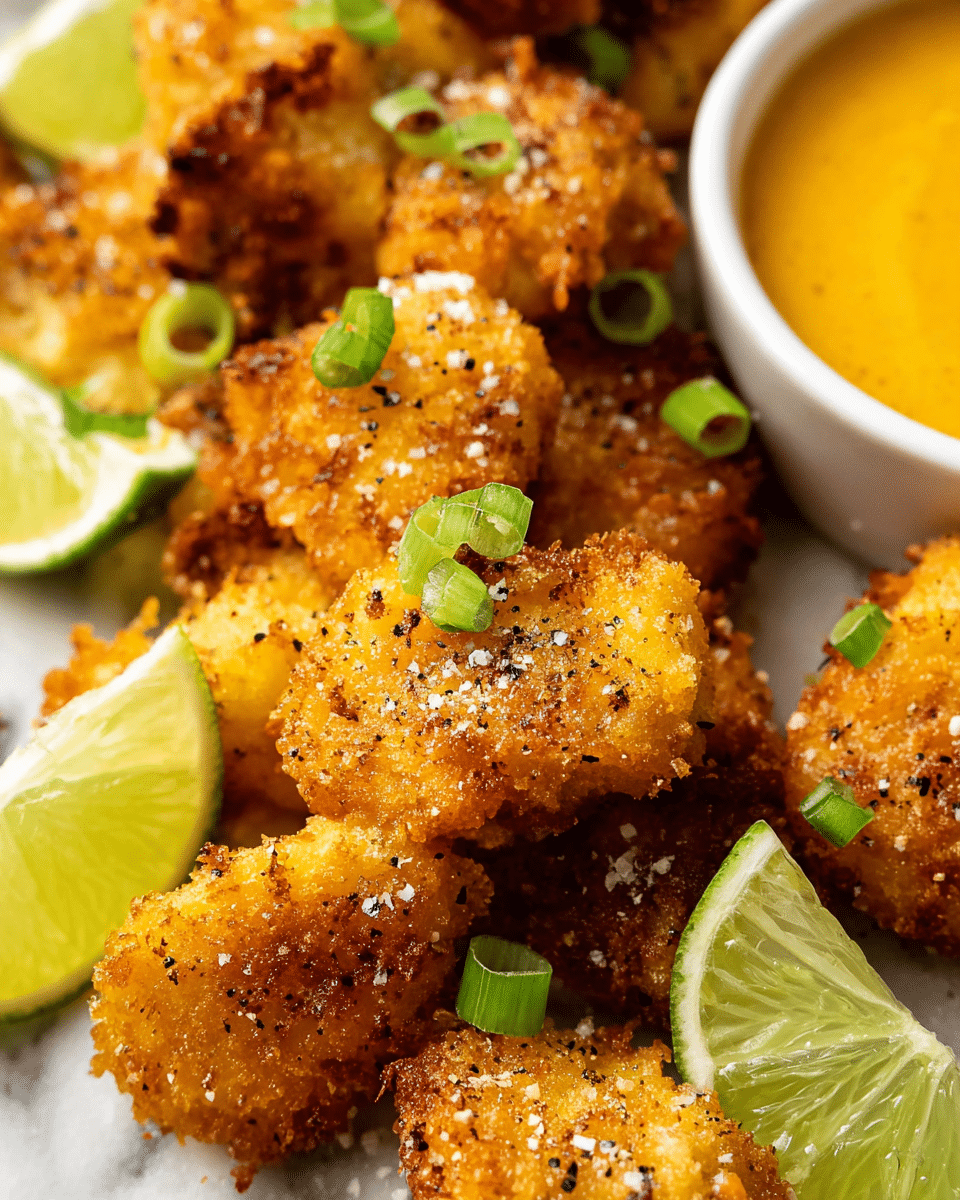 The close-up image shows several pieces of golden brown crispy fried bites arranged closely together on a white marbled surface. Each piece is coated with a crunchy, textured crust sprinkled with coarse salt and black pepper. Scattered on top and between the fried pieces are fresh green onion slices, adding a pop of bright green color. Lime wedges are placed around the fried bites, showing a bright green and pale yellow gradient. In the top right corner, a white bowl with an orange-yellow dipping sauce is partially visible. photo taken with an iphone --ar 4:5 --v 7