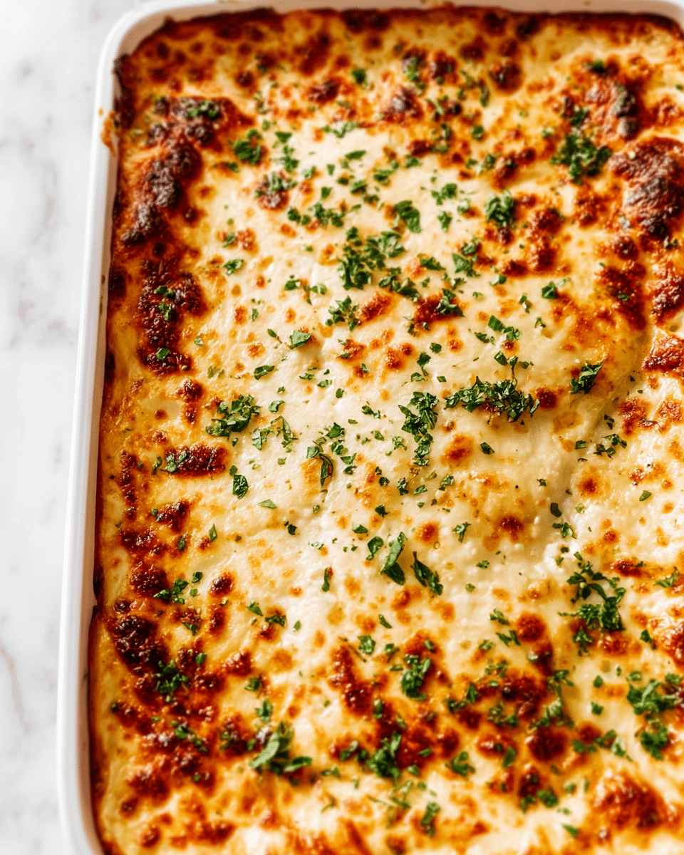 The dish is a baked casserole in a white rectangular dish with a bubbly, golden-brown cheese layer on top, speckled with small browned spots and sprinkled with chopped green herbs. The cheese layer looks creamy and slightly textured with a mix of melted cheeses, showing some areas of slight crispiness. The dish sits on a white marbled surface. photo taken with an iphone --ar 4:5 --v 7