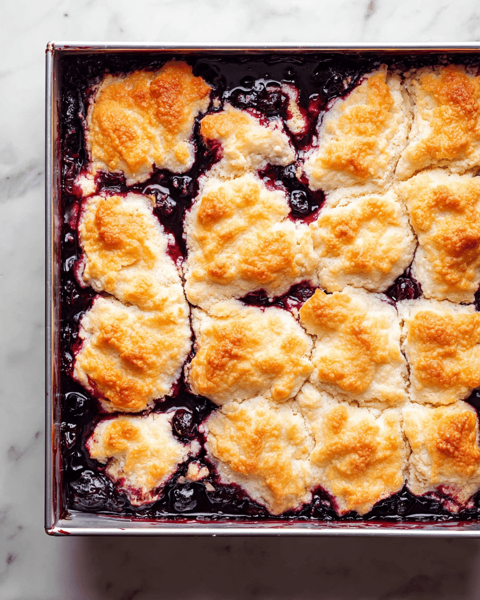 The dish is a baked fruit cobbler in a silver metal square pan, sitting on a white marbled surface. It has two main layers: the bottom layer is dark purple and glossy, filled with cooked berries that look juicy and thick, some spilling slightly into the top layer. The top layer is a golden brown biscuit crust, unevenly spread in large, soft patches with a bumpy texture showing slight browning and crisp edges. The contrast between the deep purple fruit and the light golden crust is clear, and parts of the crust show cracks and gaps where the berry layer shows through. Photo taken with an iphone --ar 4:5 --v 7