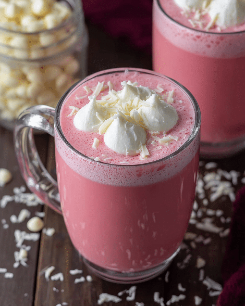 The image shows a clear glass mug filled with a thick pink drink that has a smooth and frothy texture. On top of the pink liquid, there are three round dollops of white whipped cream placed close together. Small white chocolate shavings are sprinkled over the whipped cream and around the rim of the glass. The mug sits on a dark wooden surface that is partially visible, and in the background, another glass filled with the same pink drink and topping is visible along with a glass jar filled with white chocolate pieces. Photo taken with an iphone --ar 4:5 --v 7