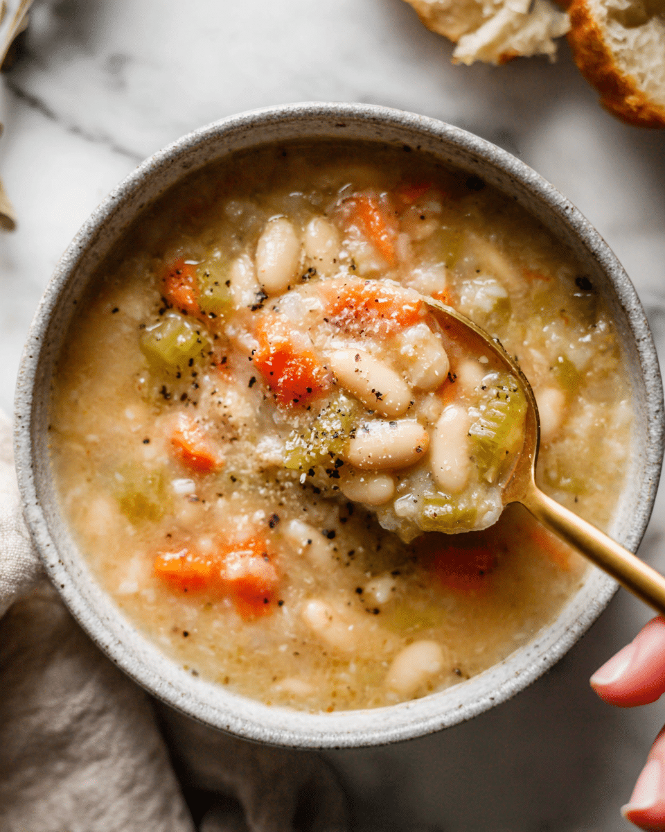 A white bowl filled with a vegetable soup that has visible layers of orange carrot pieces, light green celery chunks, and small white beans in a light broth. The soup is topped with grated white cheese and a sprinkle of black pepper. The bowl sits on a white marbled surface with three green bay leaves nearby. On the left side, there is a beige cloth with torn pieces of light brown bread resting on it. Photo taken with an iphone --ar 4:5 --v 7