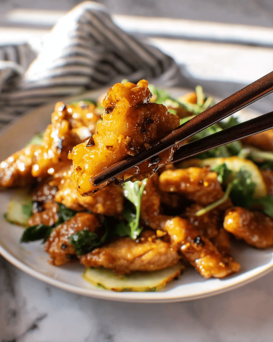 The image shows a close-up of a glossy, golden-brown sticky chicken piece held by dark brown chopsticks above a white plate filled with more sticky chicken pieces, green leafy herbs, and sliced light green vegetables on a white marbled surface. The chicken has a shiny sauce coating with small dark bits, and the plate appears full and rich with textured chicken and fresh veggies. A striped cloth is visible in the background. The sunlight highlights the sticky texture and warm color of the chicken. Photo taken with an iphone --ar 4:5 --v 7