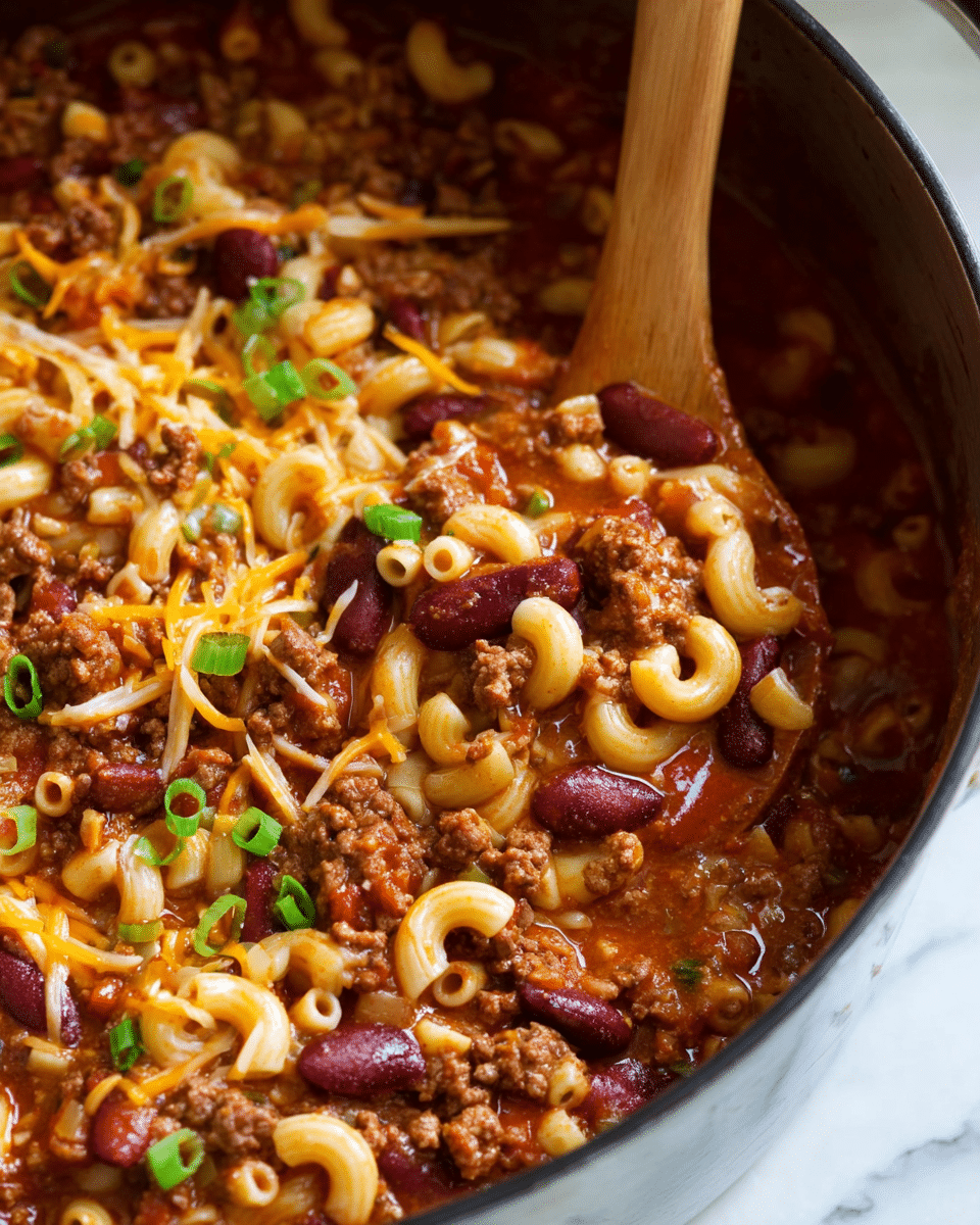 The image shows a close-up of a pot filled with a layered dish. The bottom layer is a thick, reddish-brown sauce with visible chunks of cooked ground meat. Mixed through this sauce are elbow macaroni pasta, which are pale yellow and smooth in texture, and dark reddish-brown kidney beans scattered throughout. On top, there are small pieces of green onions and shredded cheese in orange and white, adding bright spots of color and texture. A wooden spoon is partially visible, scooping some of the dish, which looks creamy and hearty. The background surface is a white marbled texture. Photo taken with an iphone --ar 4:5 --v 7