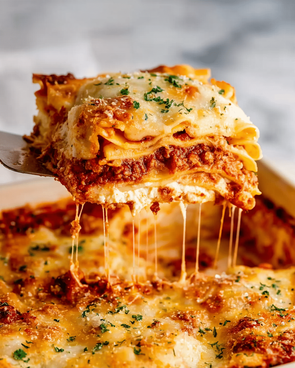 The image shows a close-up of a slice of lasagna being lifted out of a white dish. The lasagna has multiple layers: the top layer is golden brown with melted cheese that has small green herbs sprinkled on it; below is a creamy white cheese layer; beneath that, there is a layer of wide pasta sheets with a smooth texture; under the pasta, there is a thick meat sauce layer with a rich red color and visible tomato pieces; and at the bottom, another pasta layer. Strings of melted cheese stretch from the slice to the dish. The scene is set on a white marbled surface. photo taken with an iphone --ar 4:5 --v 7