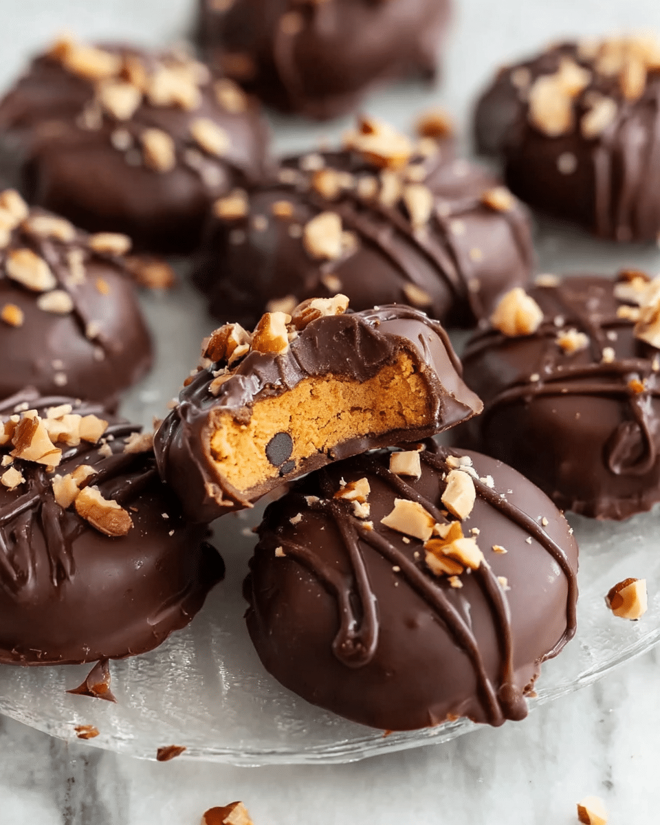 The image shows a close-up of several round chocolate treats on a clear tray, each covered in smooth dark chocolate with a shiny finish. The top of each treat is decorated with small pieces of light brown nuts scattered evenly, and thin lines of chocolate are drizzled over them for texture. One treat in the front has a bite taken out, revealing a dense, bright orange filling with small dark chocolate chips inside. The background and surface have a white marbled texture. photo taken with an iphone --ar 4:5 --v 7