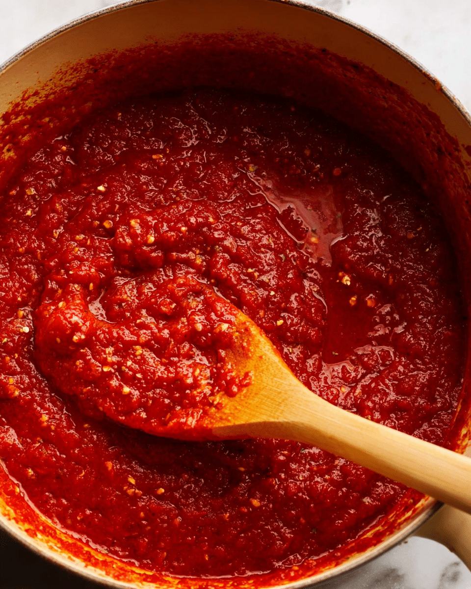 The image shows a pot filled with a thick, chunky red sauce that has a rich texture with visible small tomato pieces and herbs. A wooden spoon is resting inside the pot, coated with the sauce, and slightly lifting some of it, revealing the sauce's dense consistency and deep red color. The pot's interior edge is stained with the sauce, showing a vivid contrast between the bright red sauce and the light inner surface of the pot. The background surface is a white marbled texture. photo taken with an iphone --ar 4:5 --v 7
